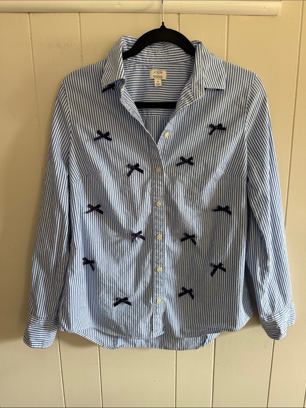 J. Crew Blue White Stripe Button-Up Shirt Bows Medium Preppy Coquette Coastal